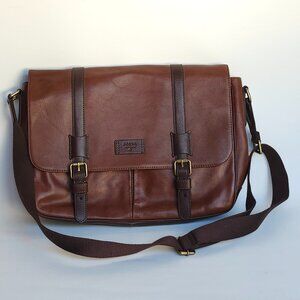 Fossil Leather Messenger Bag Two-Tone Brown Flap Top Laptop Soft Briefcase